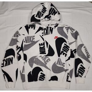 Nike Hoodie Mens M White Allover Swoosh Graphic Pullover CJ6312-010 Fleece